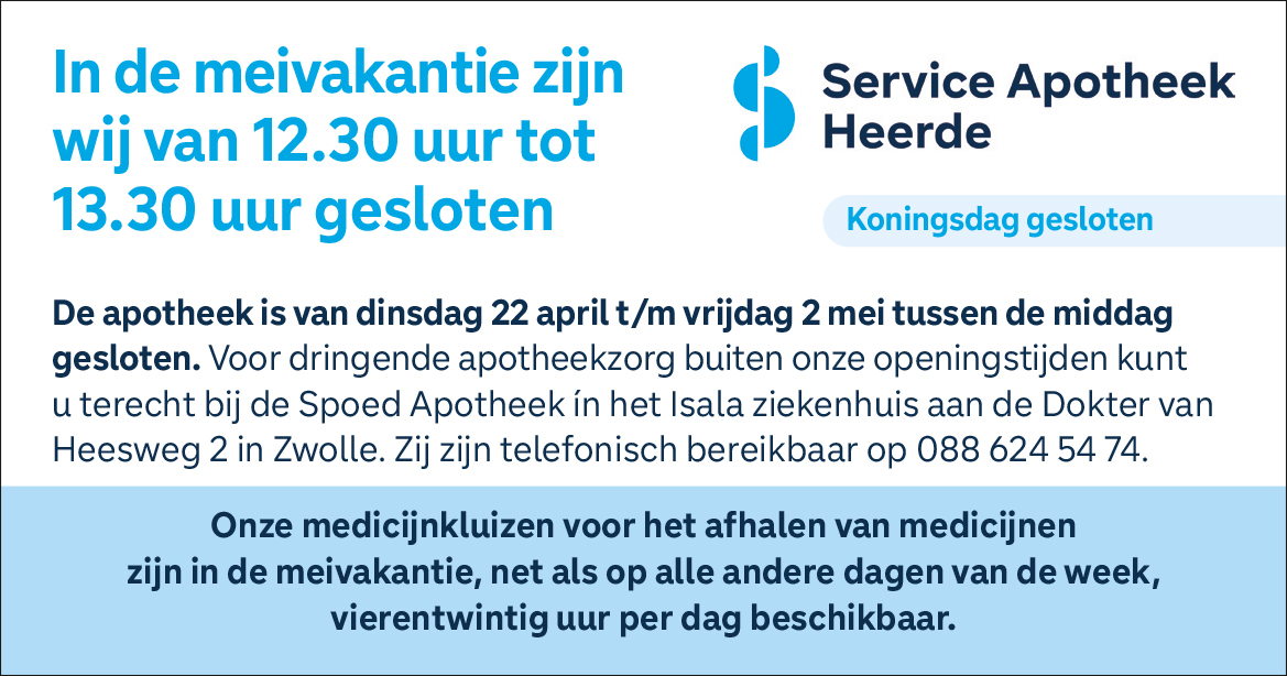 Apotheek Heerde in de meivakantie tussen de middag gesloten