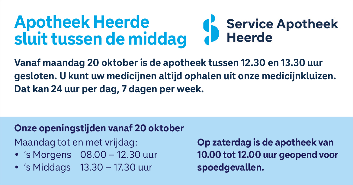 Apotheek Heerde vanaf maandag 20 oktober tussen de middag gesloten